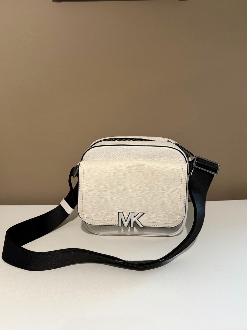 Michael Kors White Leather Camera Belt Bag with Black Strap